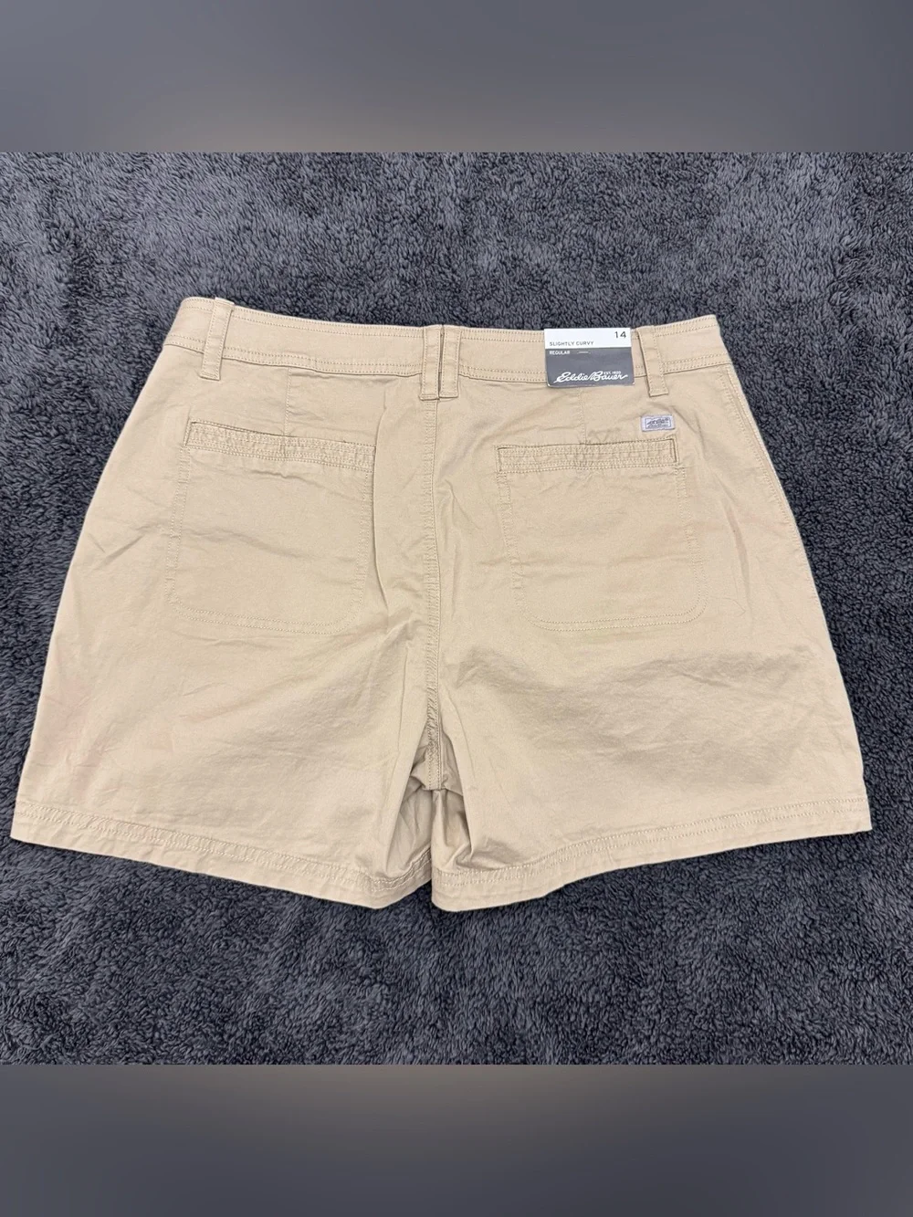 NWT Eddie Bauer Chino Shorts Women's 14 Khaki Slightly Curvy Embroidered Logo